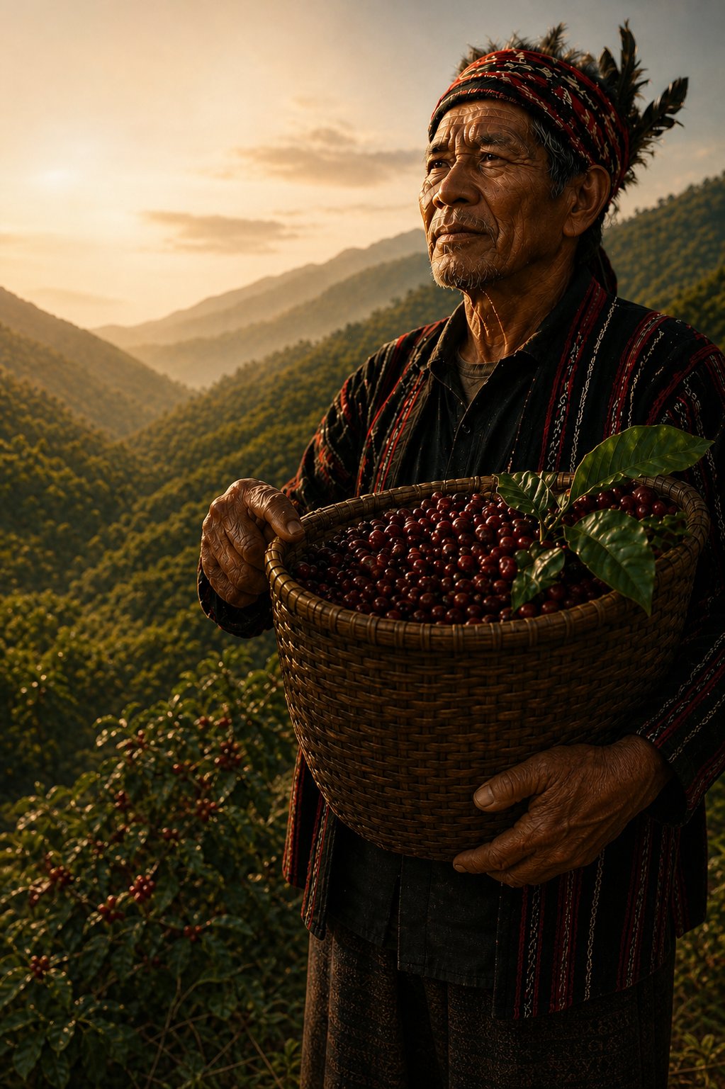 Kalinga farmer holding freshly harvested coffee cherries